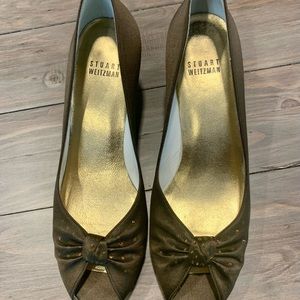 Stuart Weitzman heels, size 7 M, peep toe, Brown satin, leather bottoms